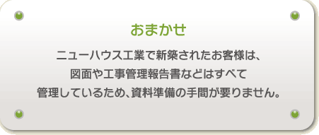 ニューハウス工業で新築されたお客様は、 図面や工事管理報告書などはすべて 管理しているため、資料準備の手間が要りません。