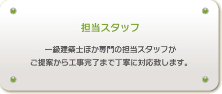 一級建築士ほか専門の担当スタッフが ご提案から工事完了まで丁寧に対応致します。
